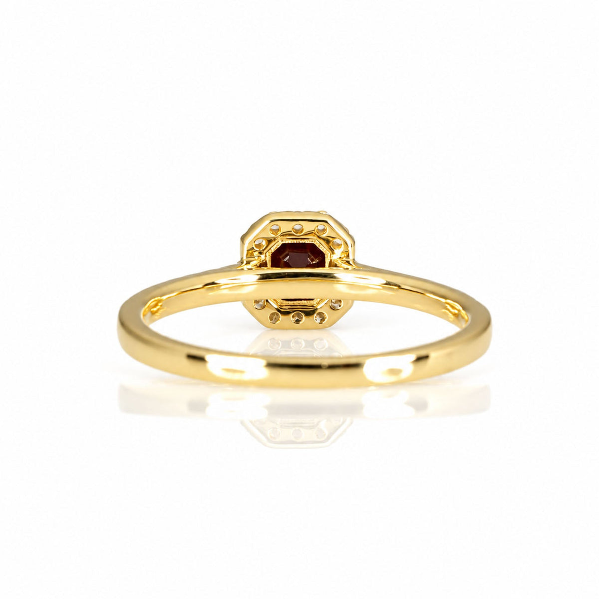 Back of the ruby halo ring showing the yellow gold gallery