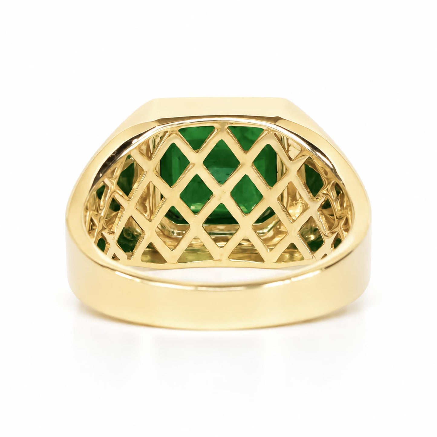 Back view of a men's emerald ring showcasing the gold work at the back of the Colombian emerald