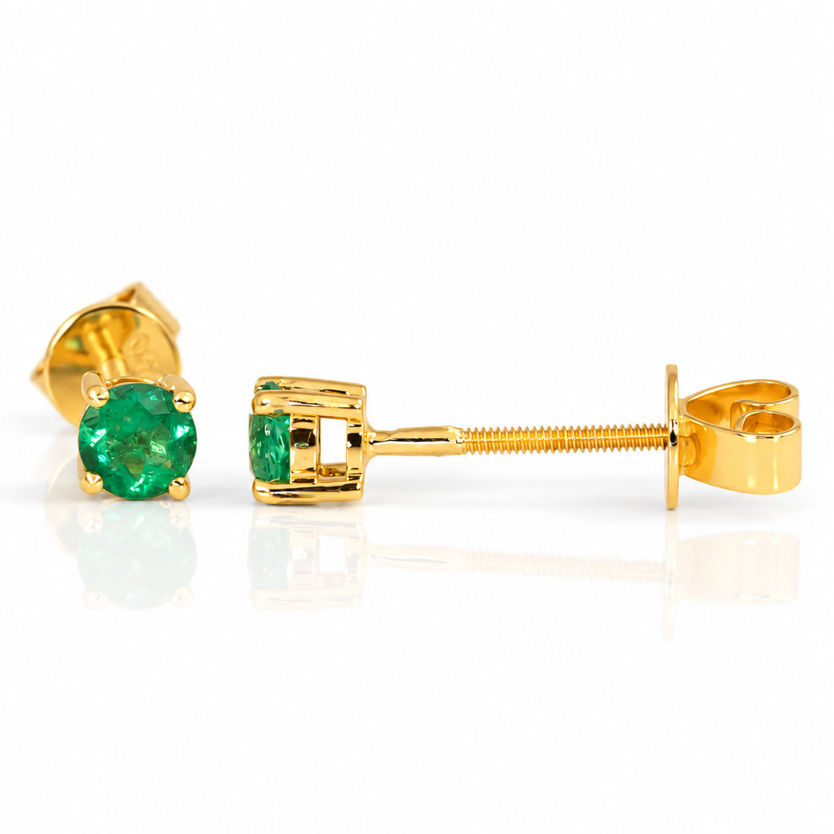 0.44ct natural Colombian emerald stud earrings in 18K yellow gold, front view