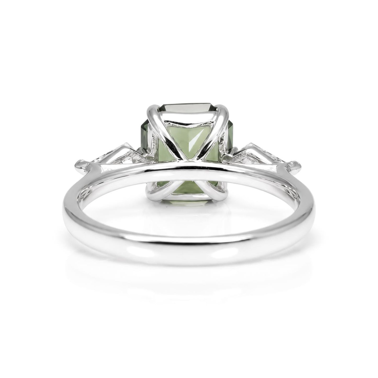 back view of Natural Teal Sapphire & Kite Diamond Ring in Platinum on white background