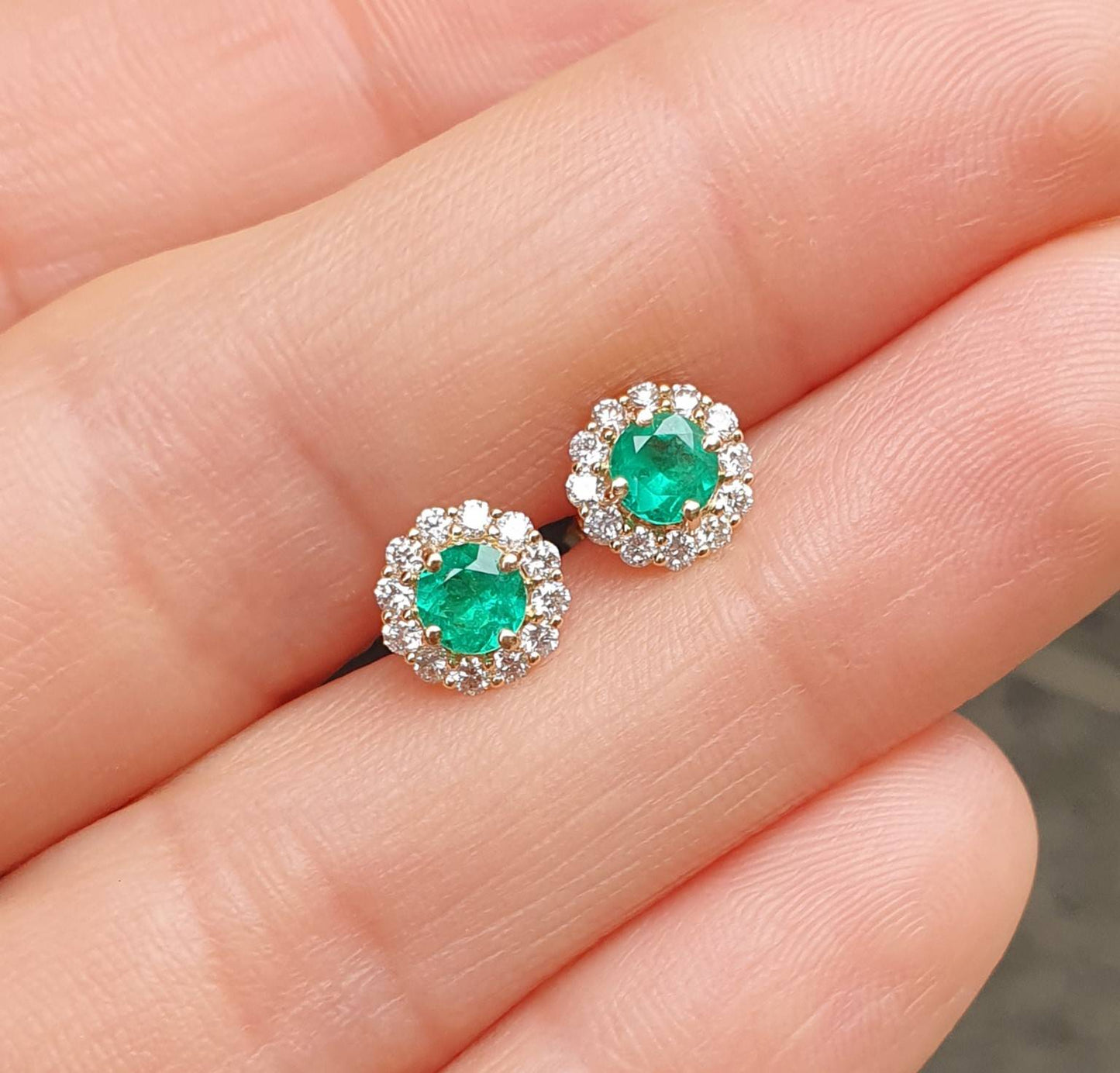 18K Gold Emerald Diamond Earrings| Colombian Emeralds and Diamonds Stud Earrings