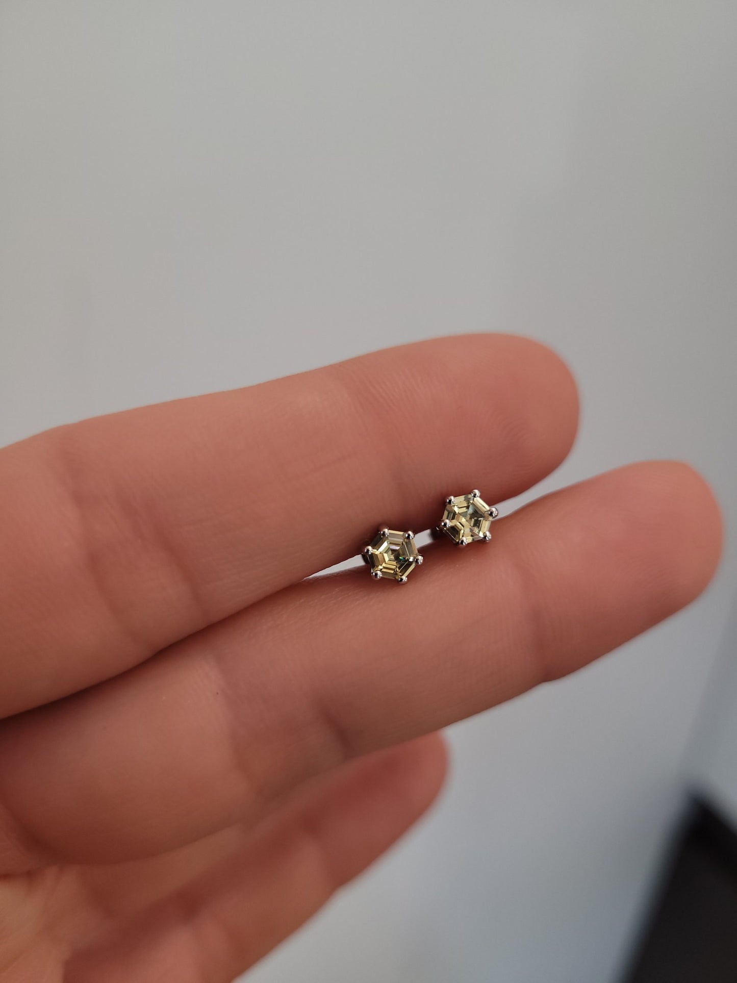 Lime Green Sapphire Studs in Platinum with Hexagonal Cut Sapphires