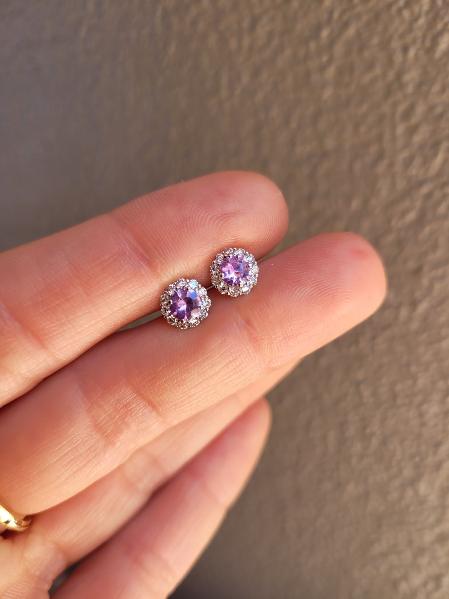 Natural Pink Sapphire Earrings  |  Diamond Halo Stud Earrings
