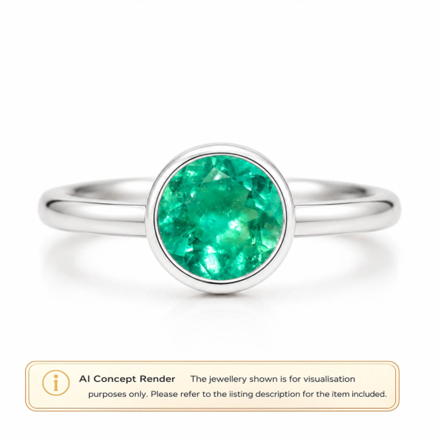A platinum ring with a round-cut Colombian emerald gemstone, shown on a white background with an 'AI Concept Render' label at the bottom.