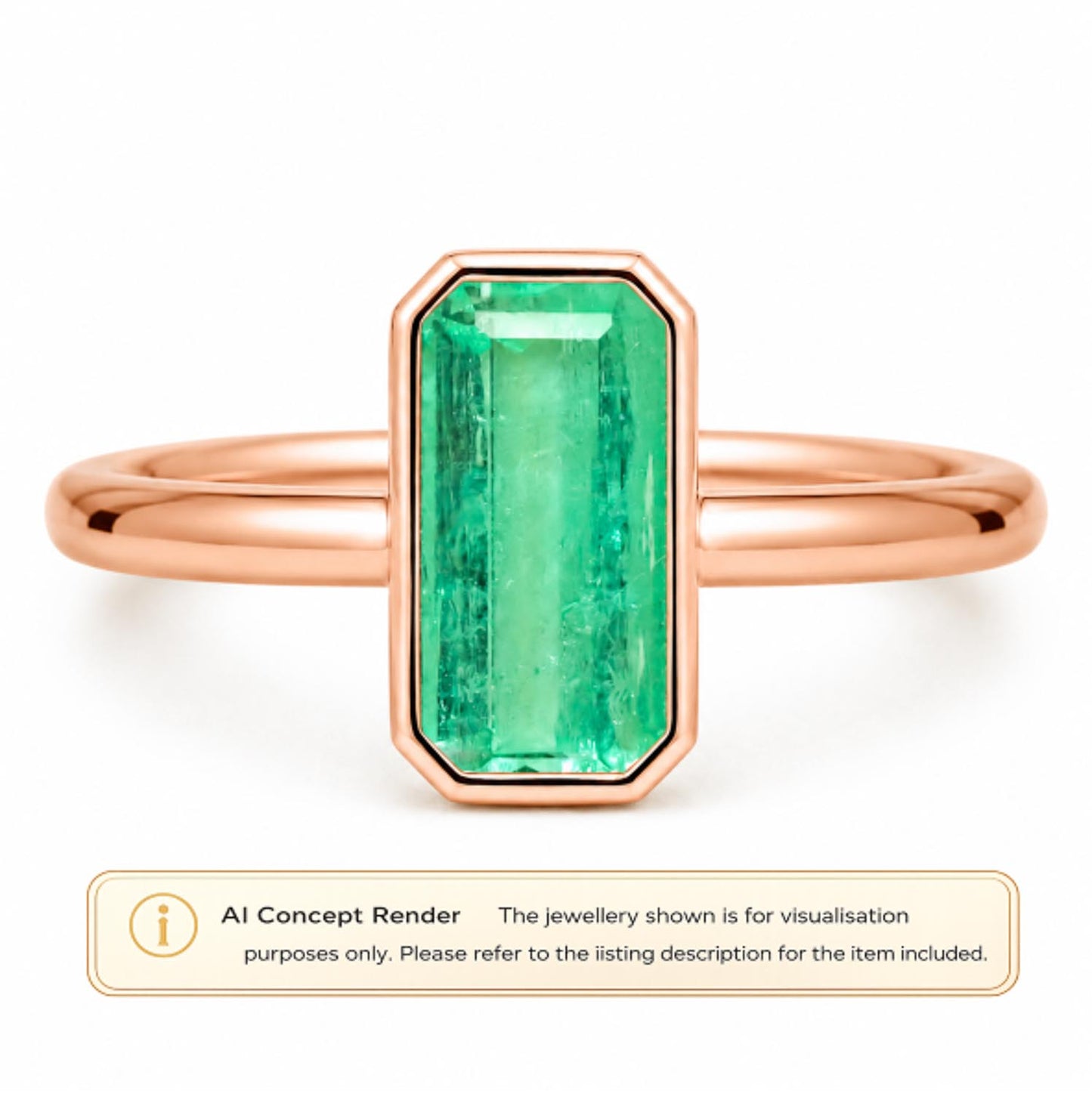 A rose gold ring with a large rectangular natural Colombian emerald, presented on a white background with an AI concept render label at the bottom.