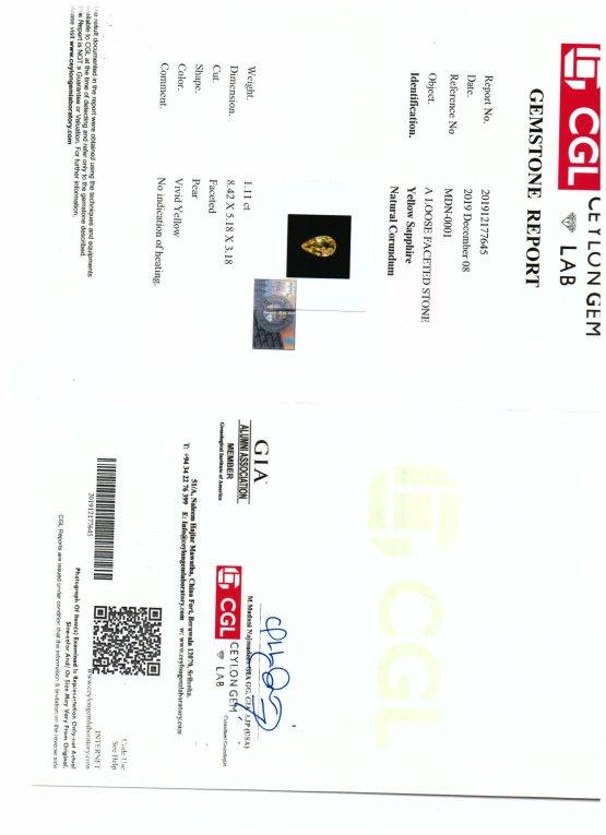 1.11 CT NATURAL VIVID YELLOW SAPPHIRE PEAR CUT UNHEATED