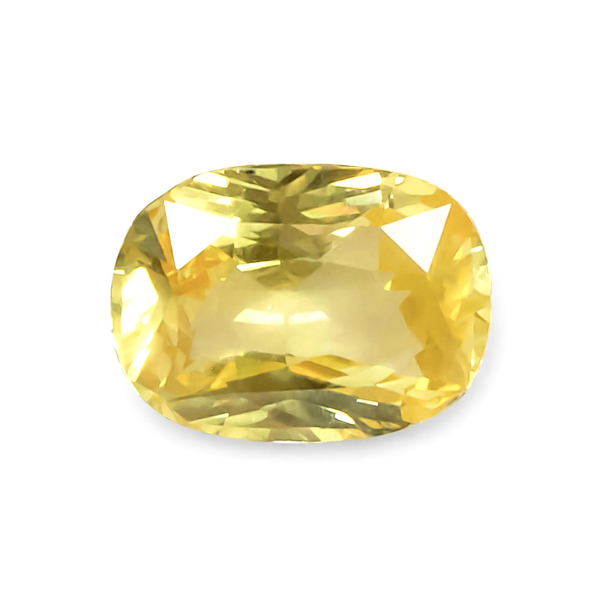 A cushion-cut yellow sapphire with a faceted, polished finish, isolated on a solid white background.