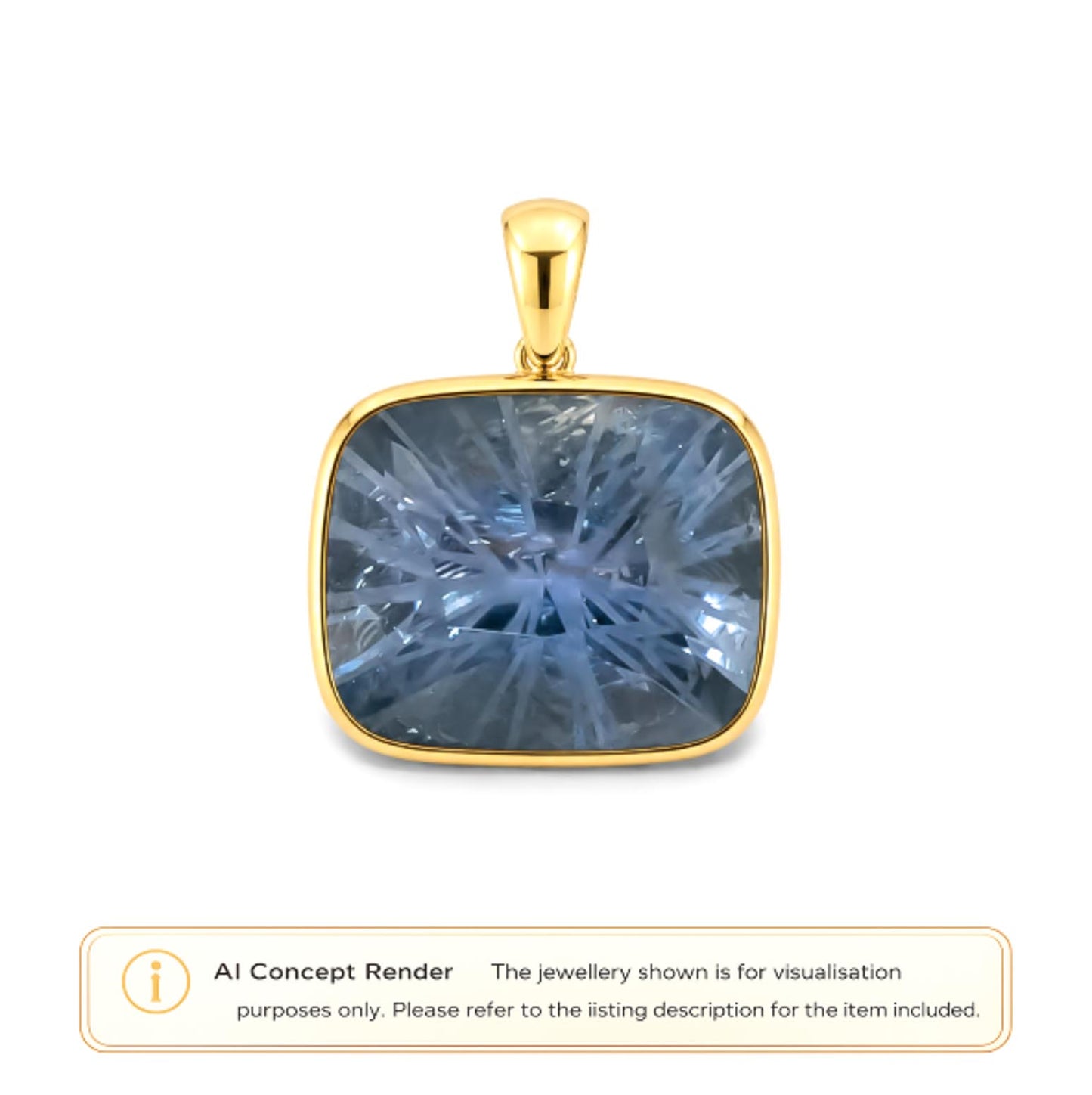 A gold pendant with a square cushion-cut blue sapphire, shown on a white background with an 'AI Concept Render' label at the bottom.