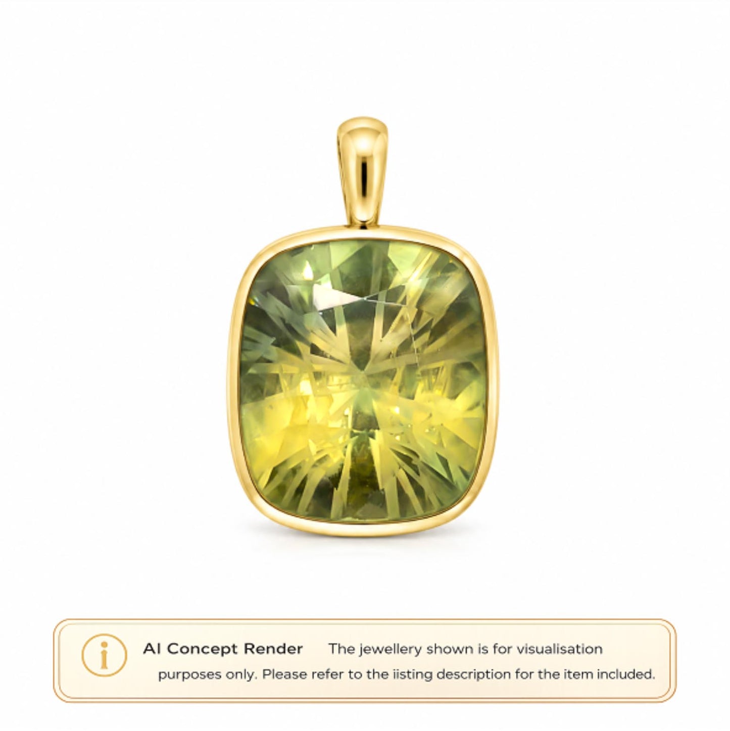 A gold pendant with a large cushion-cut yellow-green unheated sapphire, shown on a white background with an 'AI Concept Render' label at the bottom.
