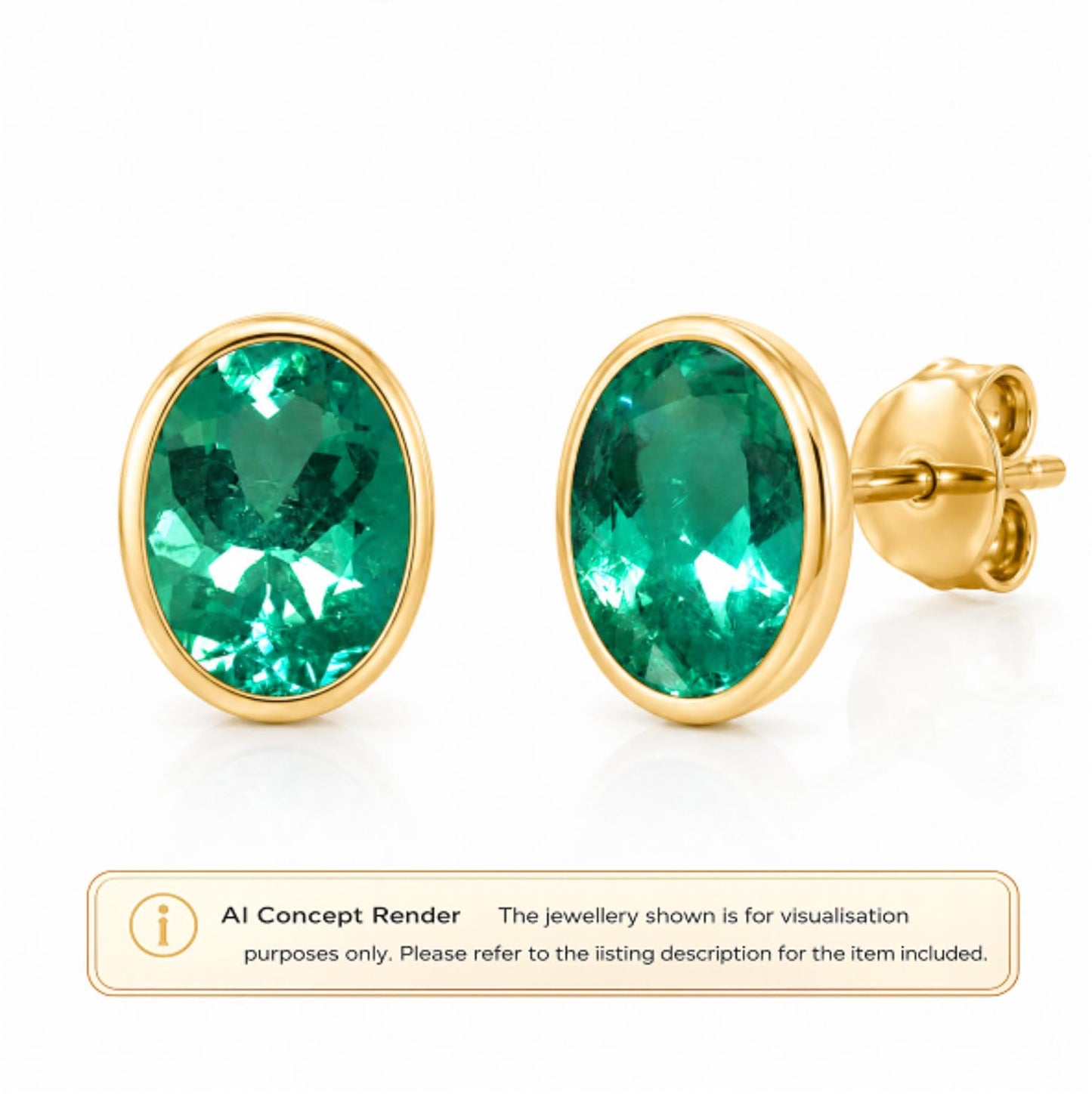 A pair of oval emerald-cut Colombian emerald gemstone stud earrings in yellow gold settings, shown on a white background with an 'AI Concept Render' disclaimer banner at the bottom.
