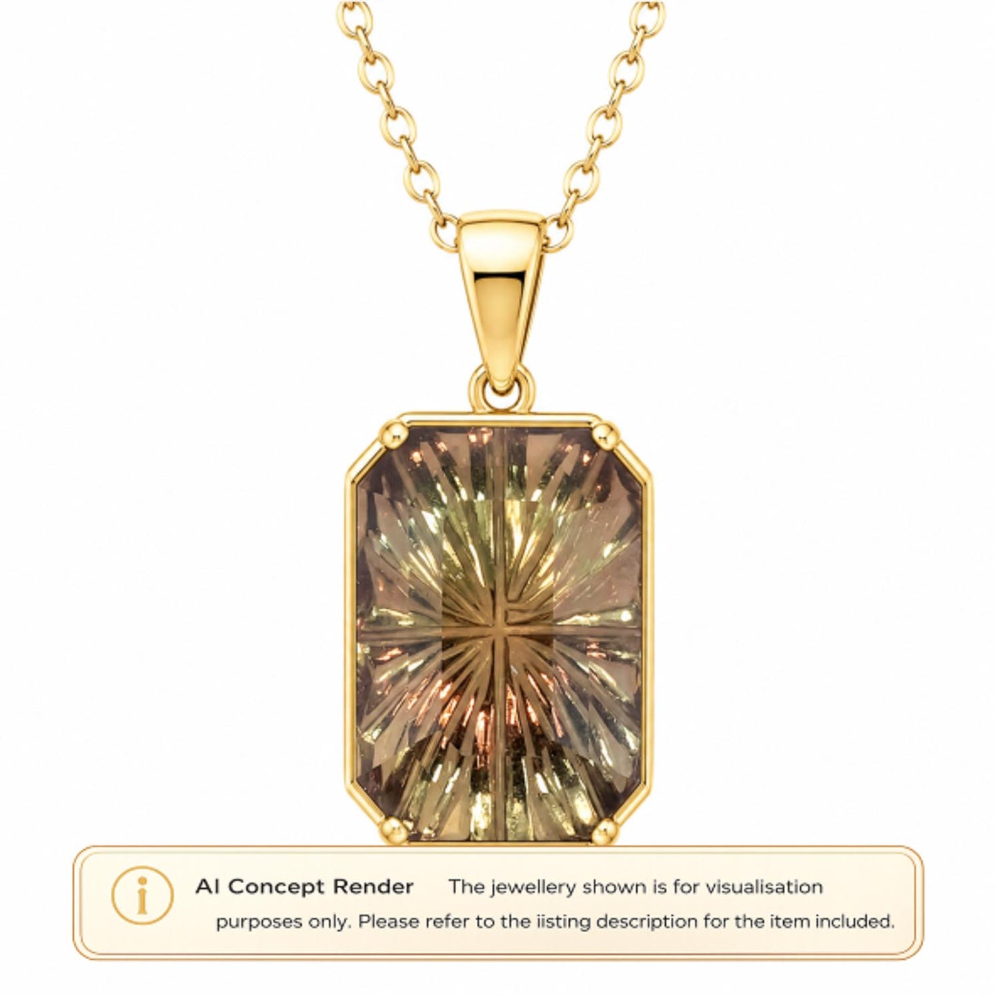 Gold pendant necklace with a rectangular fantasy cut sapphire, shown on a white background with an 'AI Concept Render' label at the bottom.