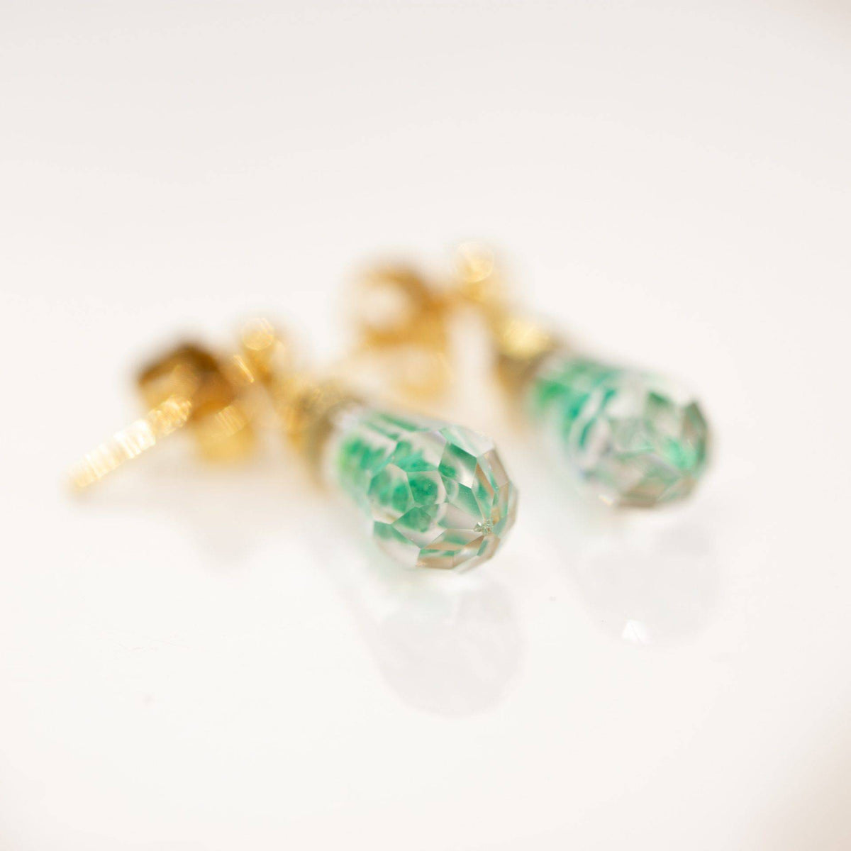 Colombian Emerald Crystal Quartz Dangle Earrings in 18K Gold