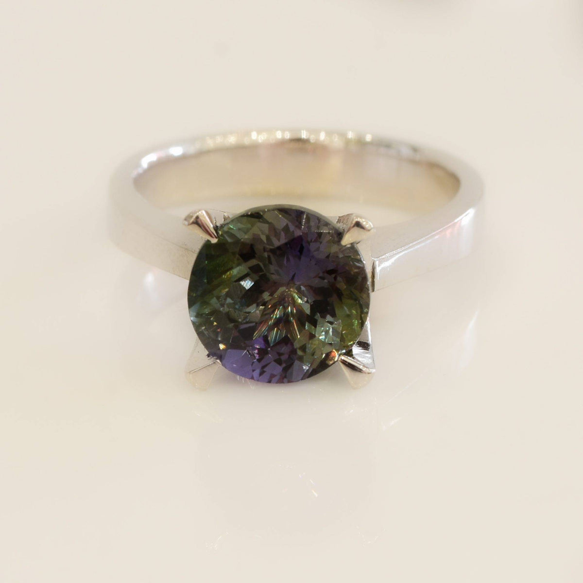 Teal Tanzanite Solitaire Ring 18K White Gold