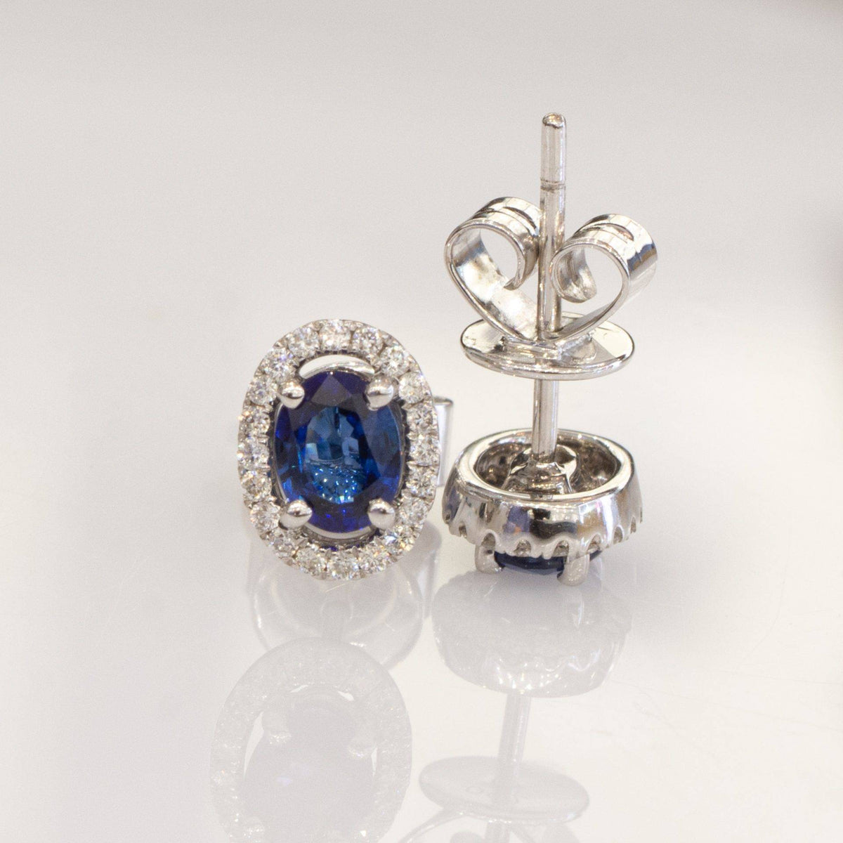 Sapphire & Diamond Halo Stud Earrings in 18K White Gold