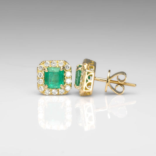 front and side view of Colombian Emerald 1.91ct & Diamond Halo Stud Earrings