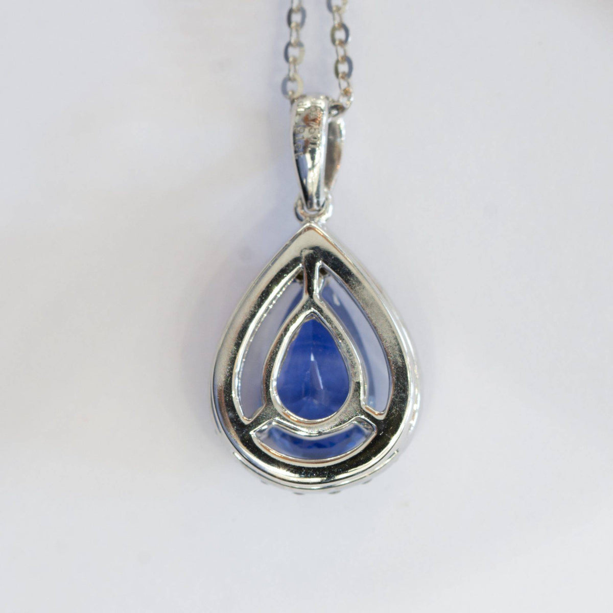 Pear Shaped Sapphire Diamond Halo Pendant 18k White Gold