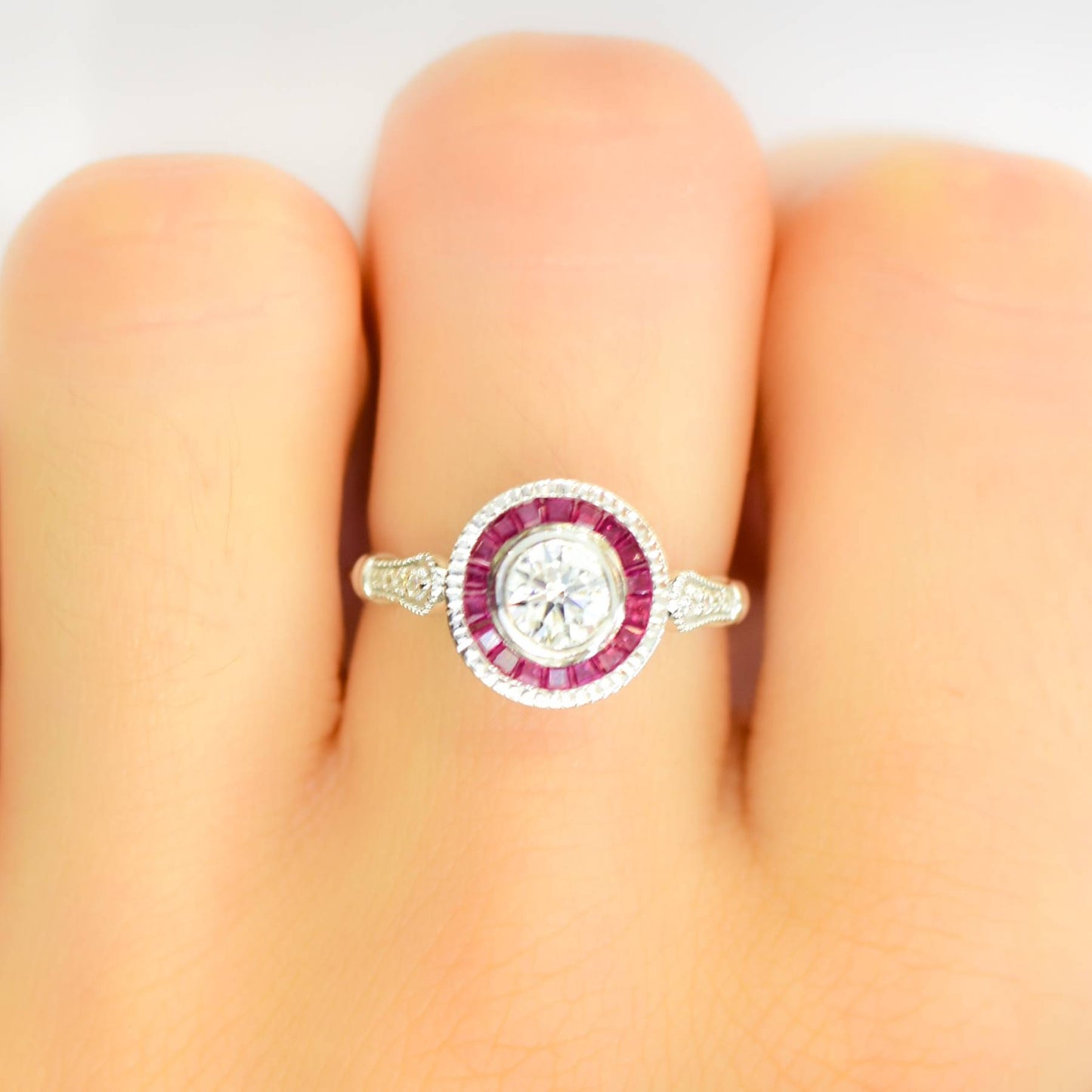 0.50ct Diamond Ring with Ruby Halo in 18K Gold