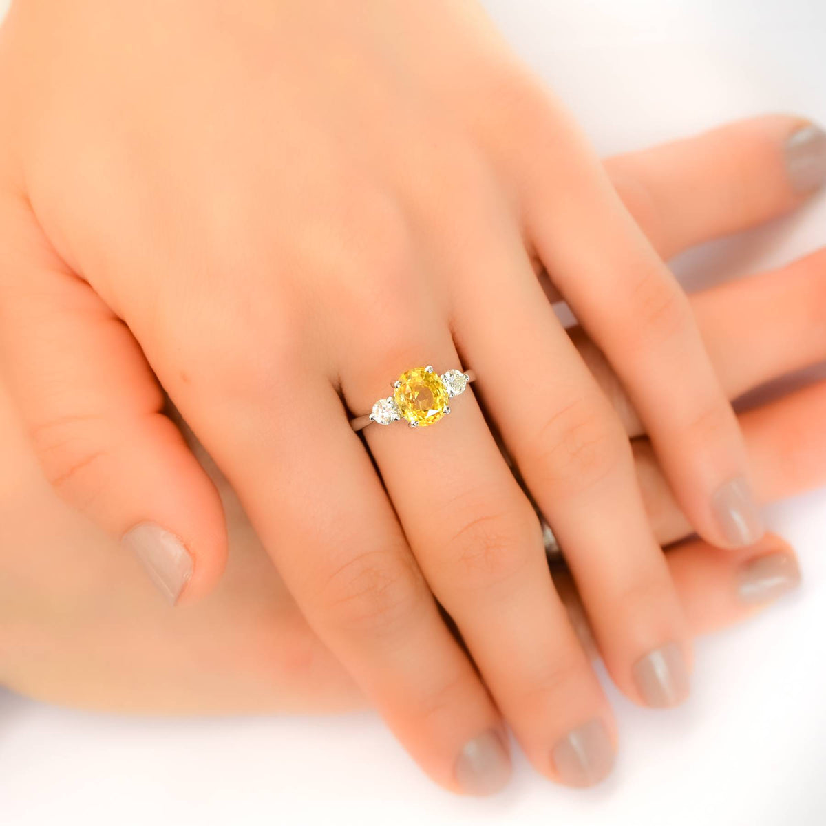 Vivid Yellow Sapphire and Diamonds Three Stone Ring in 18ct Gold