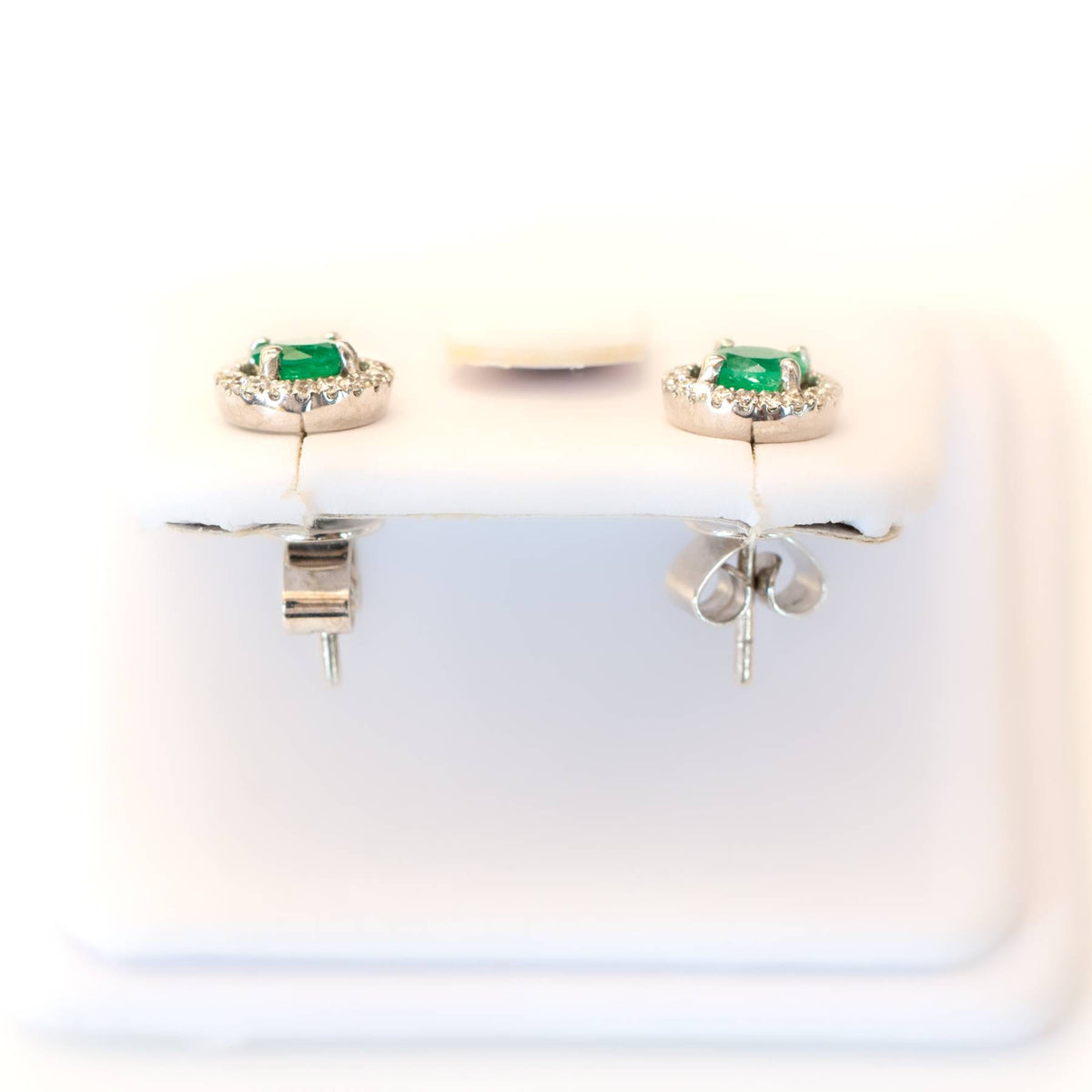 0.70ct Natural Colombian Emerald and Diamond Stud Earrings in 18K Gold