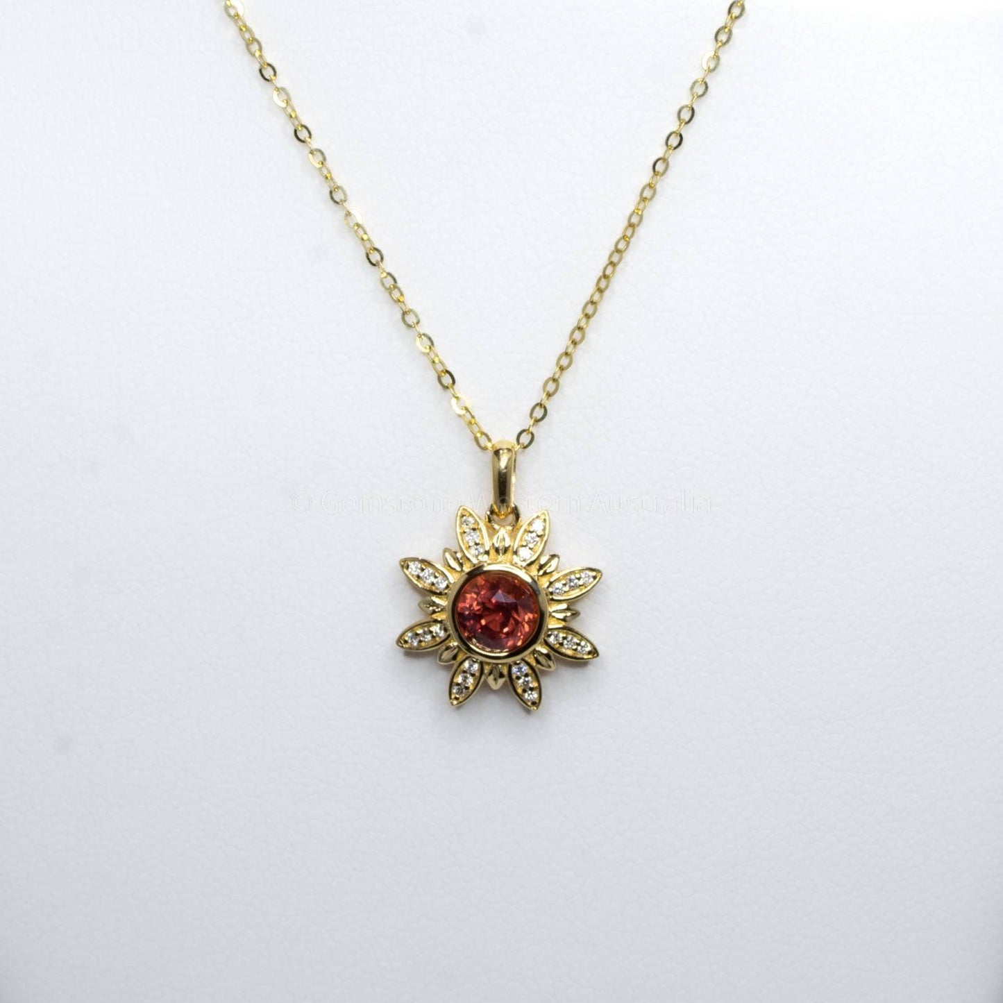 Orangy Red Sapphire and Diamonds Flower Pendant in 18K Yellow Gold
