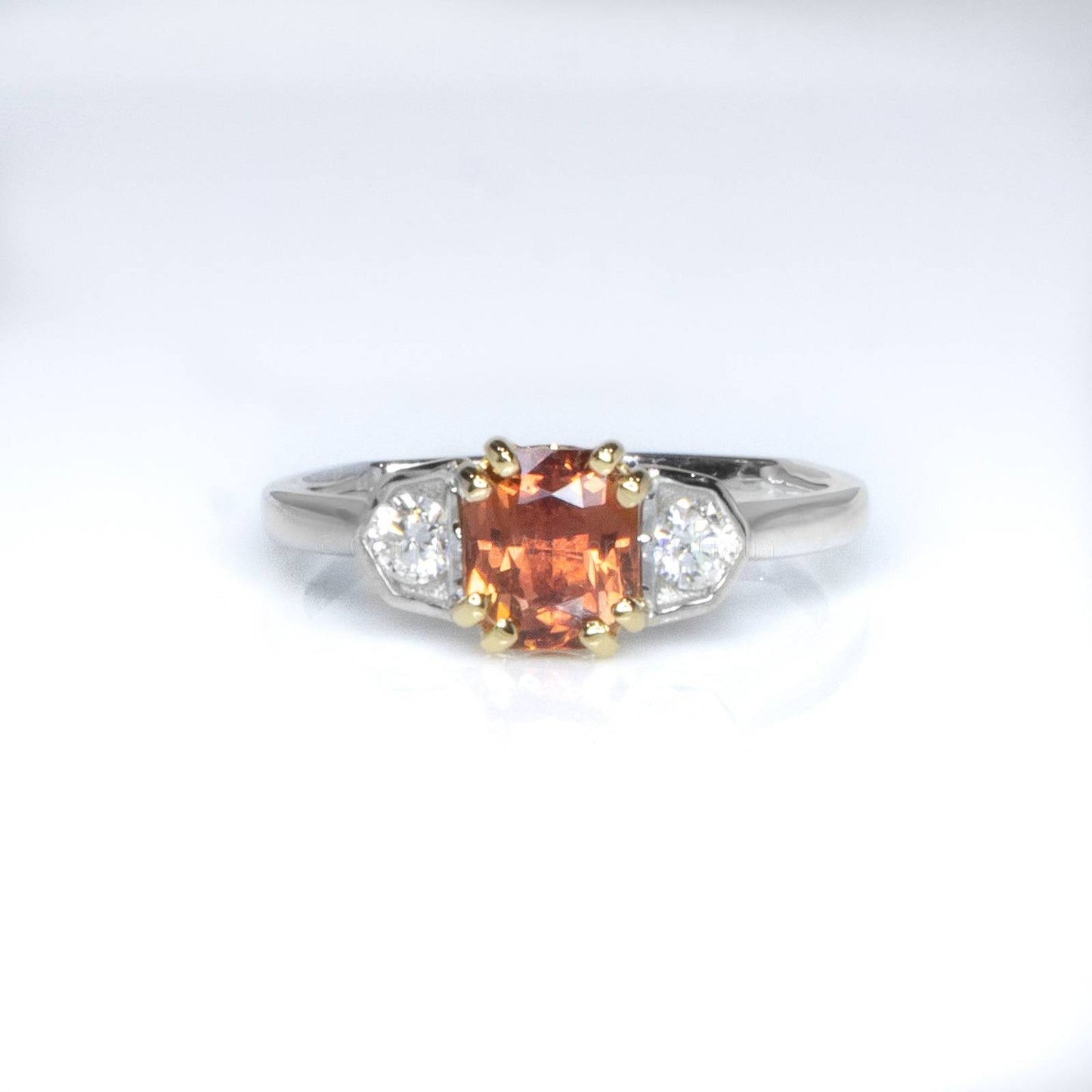 Octagonal Natural Padparadscha Sapphire and Diamond Ring in Platinum