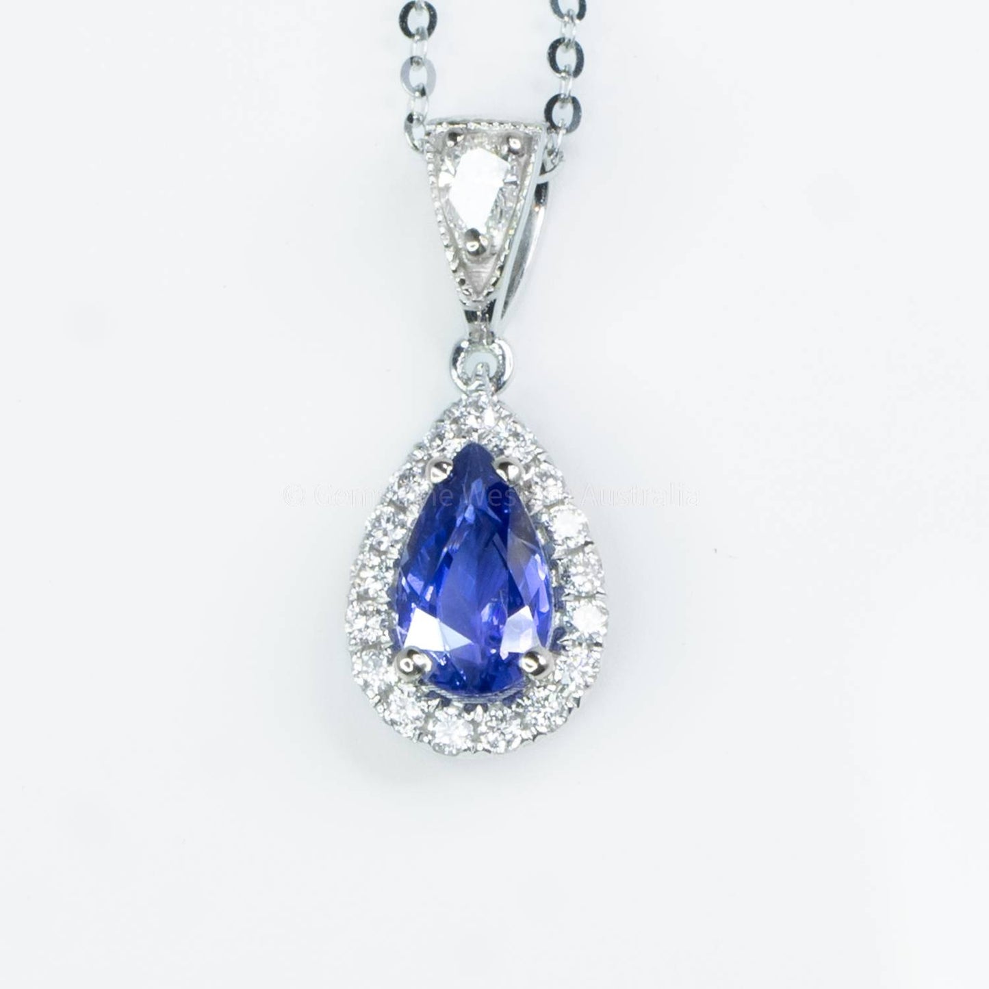 Natural Unheated Sapphire Diamond Halo Pendant in18k White Gold