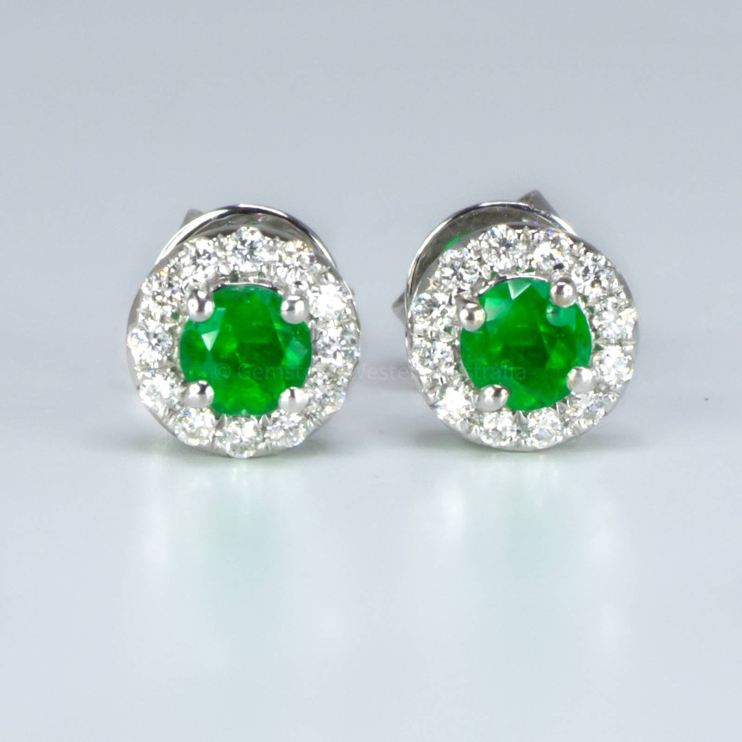 Round Emerald and Diamond Studs Colombian Emerald Halo Stud Earrings 18K Gold