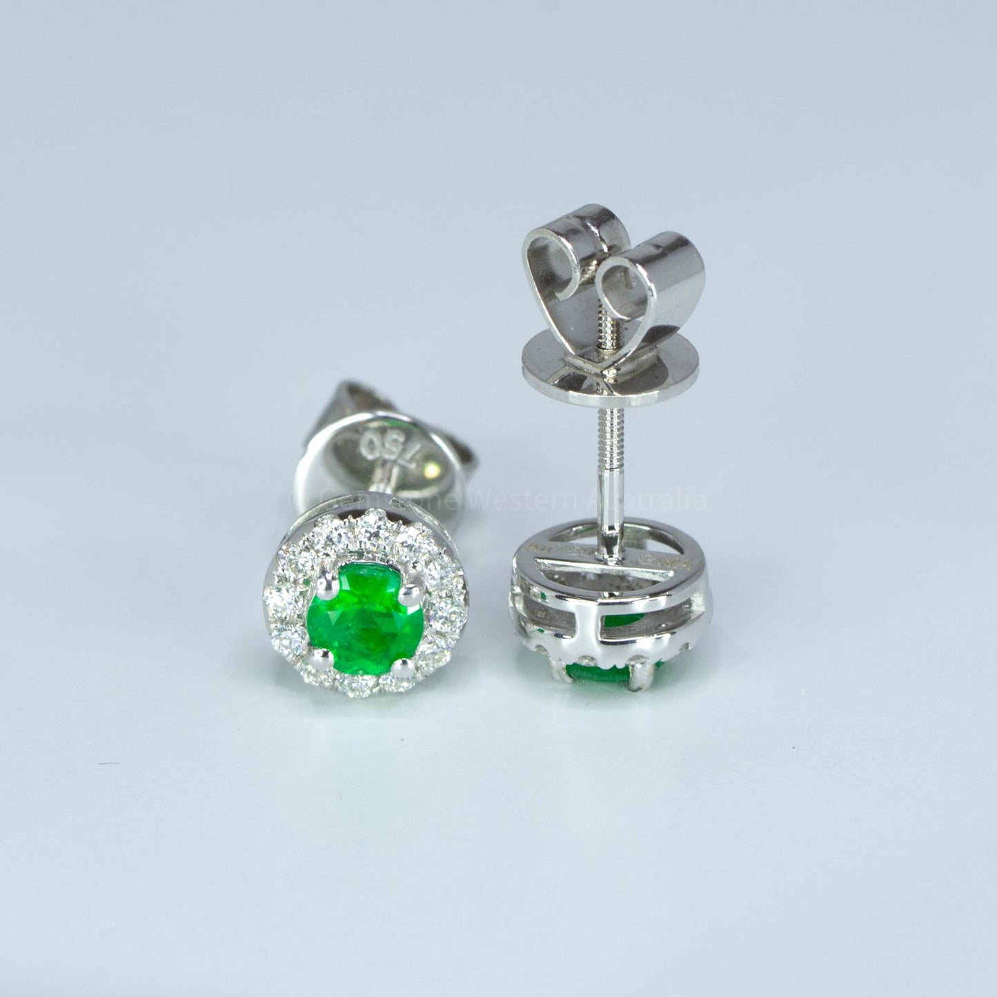 Round Emerald and Diamond Studs Colombian Emerald Halo Stud Earrings 18K Gold