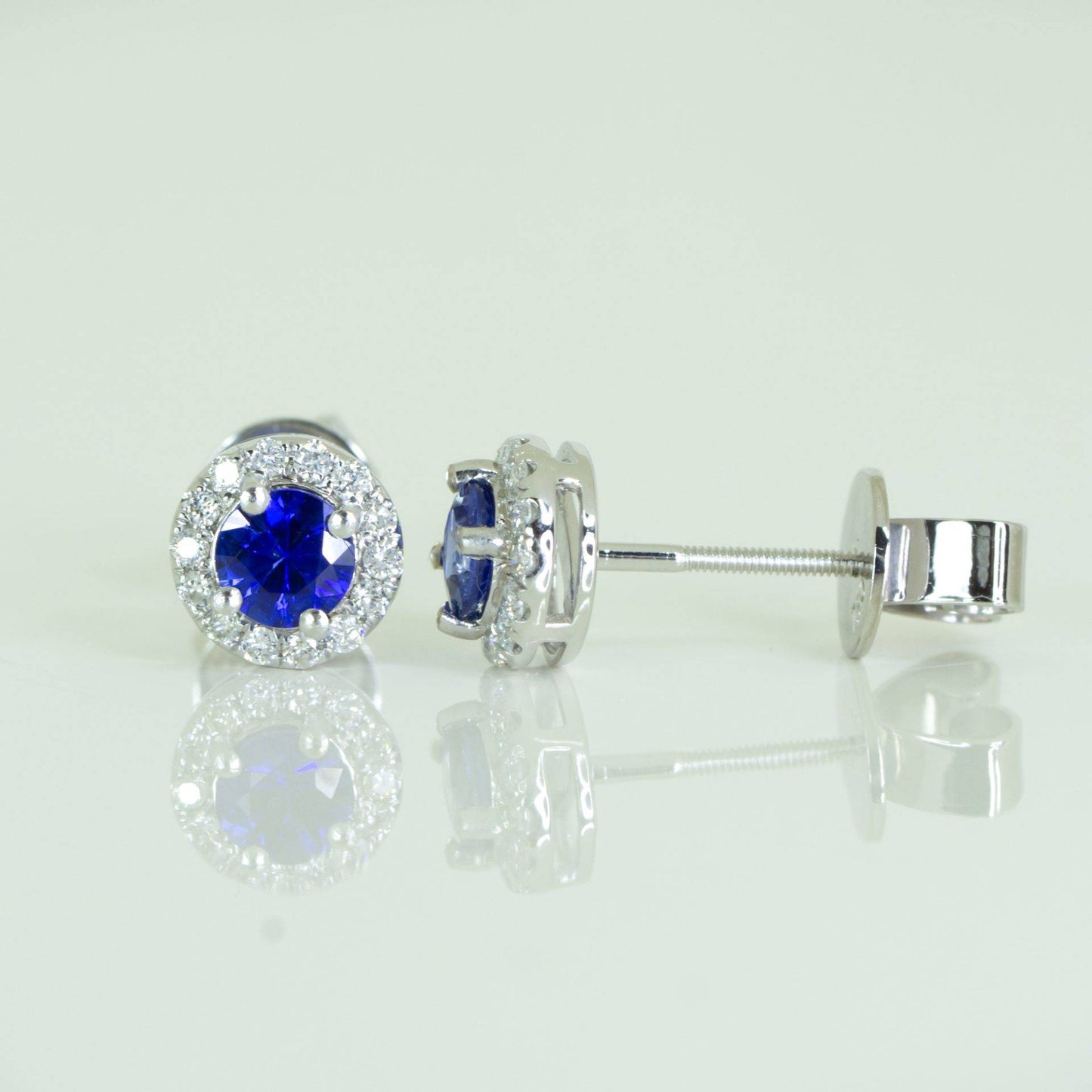 Natural Blue Sapphire Stud Earrings Diamond Halo Studs