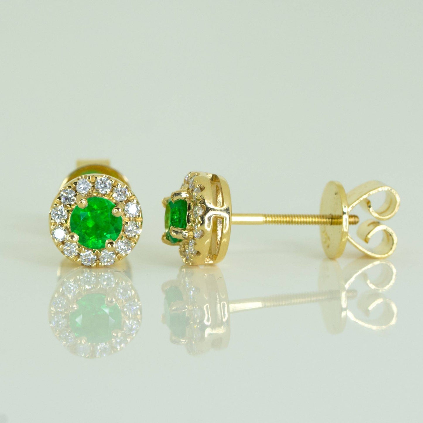 Natural Colombian Emerald and Diamond Studs Natural Emerald Halo Earrings in 18K Gold