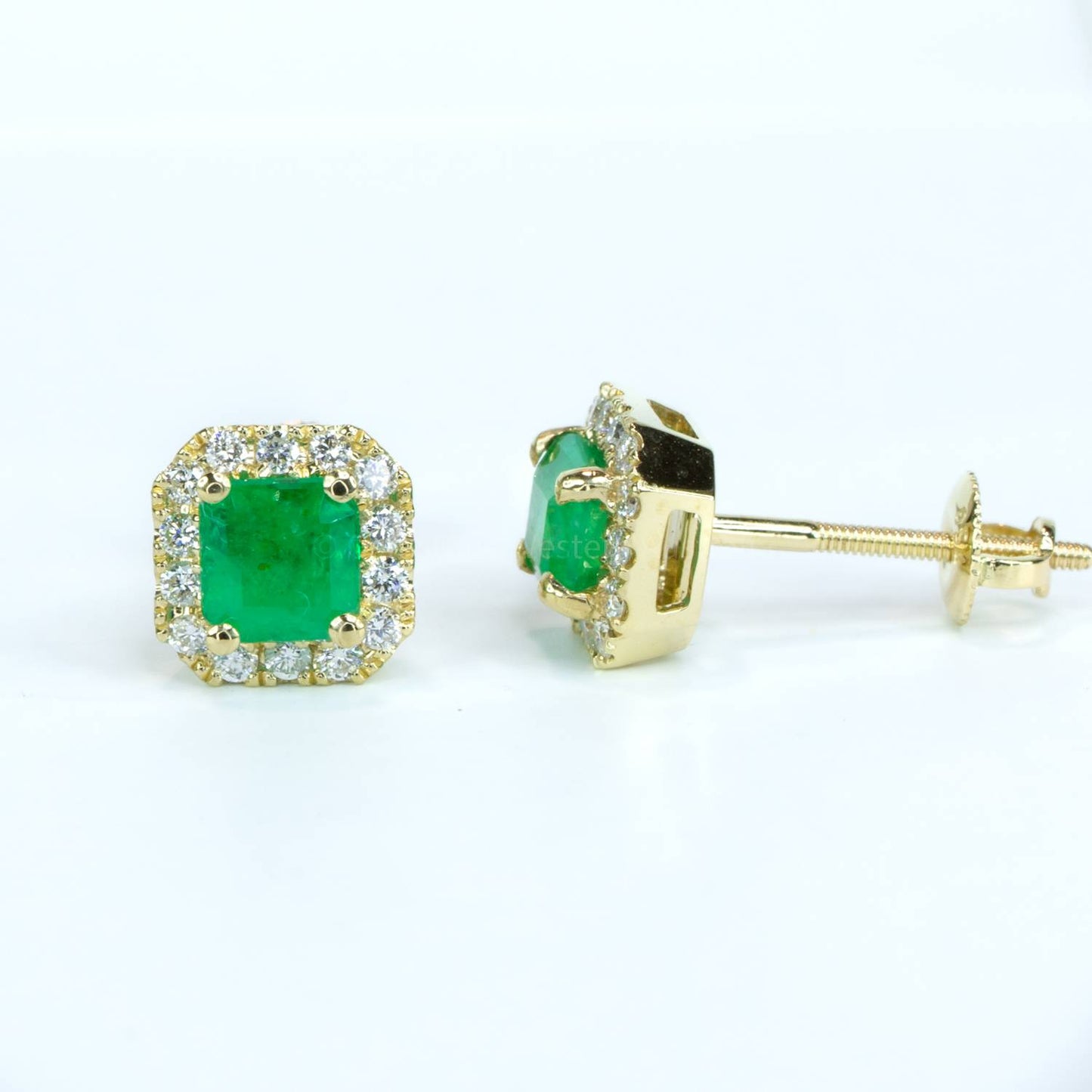 1.21ct Emerald cut Halo Studs with Natural Colombian Emeralds