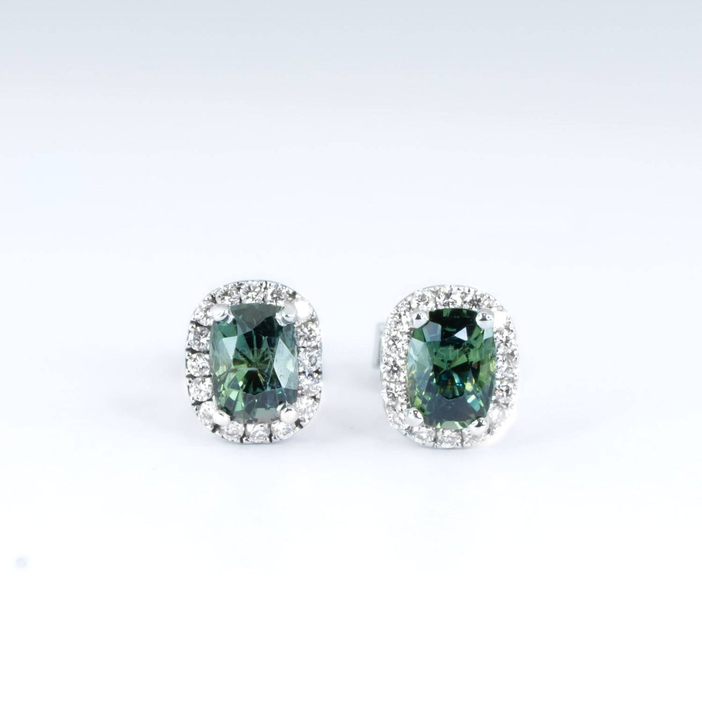 2.11ct Natural Teal Sapphire Studs | Unheated Teal Sapphire and Diamond Studs in 18K Gold