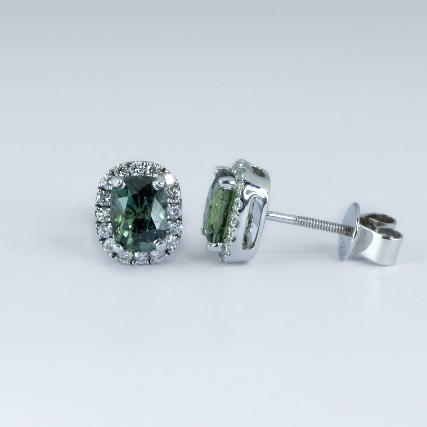 2.11ct Natural Teal Sapphire Studs | Unheated Teal Sapphire and Diamond Studs in 18K Gold