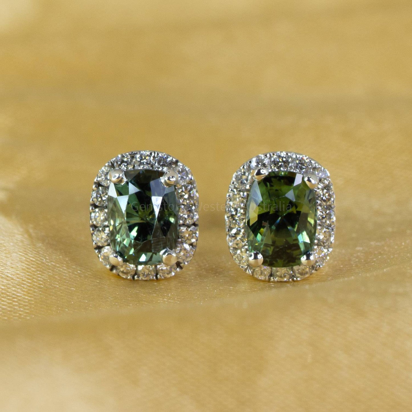 2.11ct Natural Teal Sapphire Studs | Unheated Teal Sapphire and Diamond Studs in 18K Gold