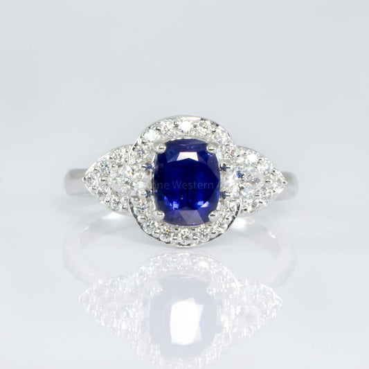 Natural Blue Sapphire and Diamonds Cluster Ring | Sapphire Platinum Ring