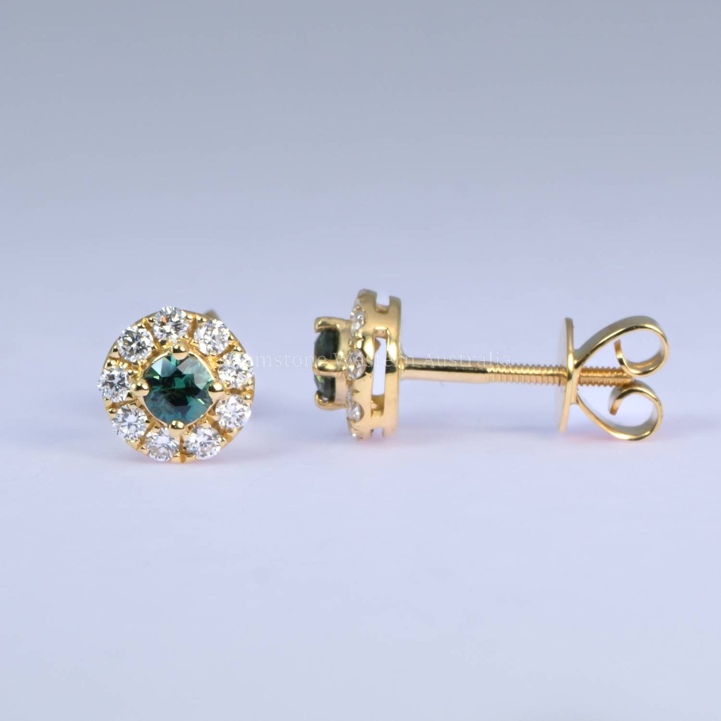 Australian Teal Sapphire Stud Earrings with Diamond Halo in 18K Yellow Gold