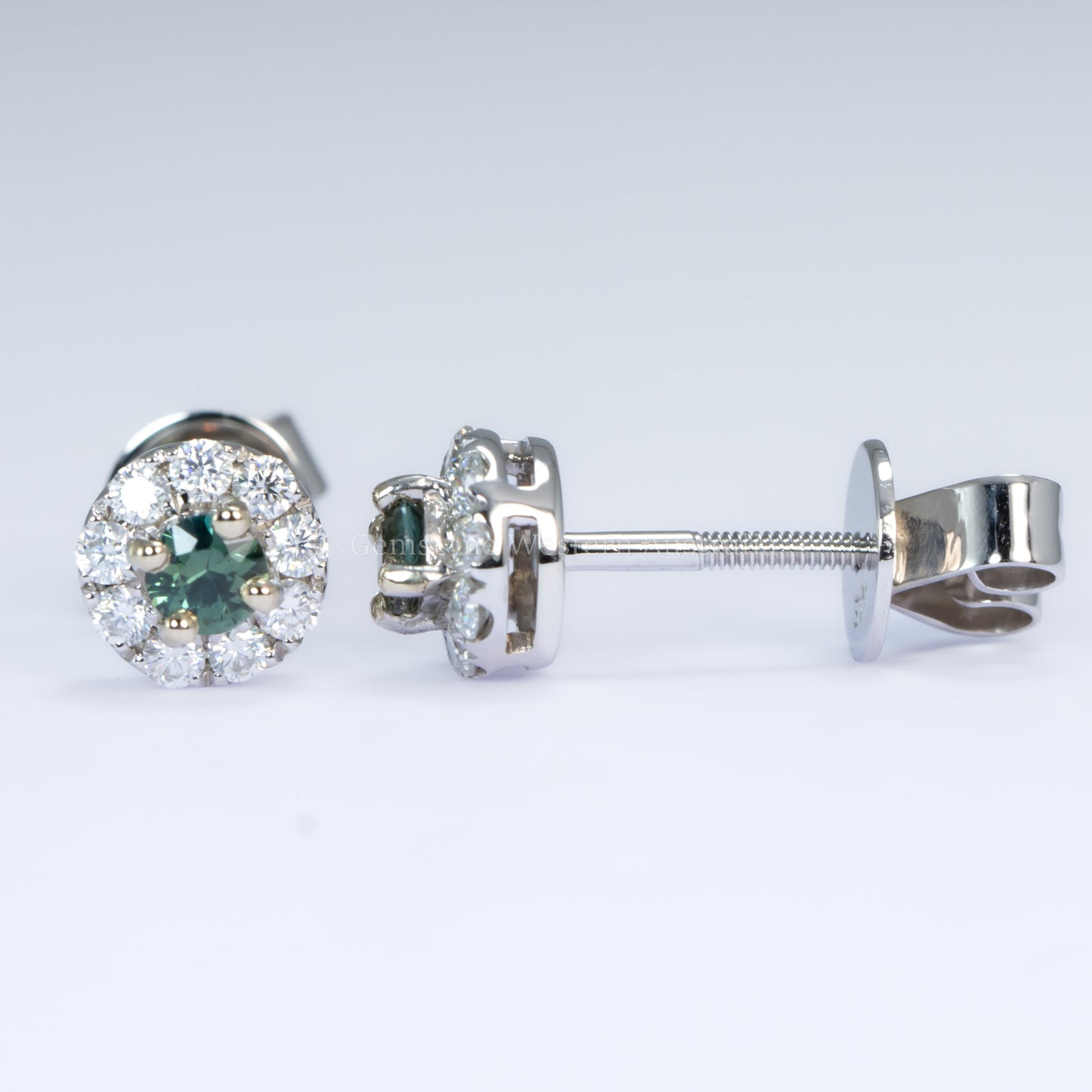 Natural Teal Sapphire Stud Earrings in 9K White Gold with Moissanite Halo