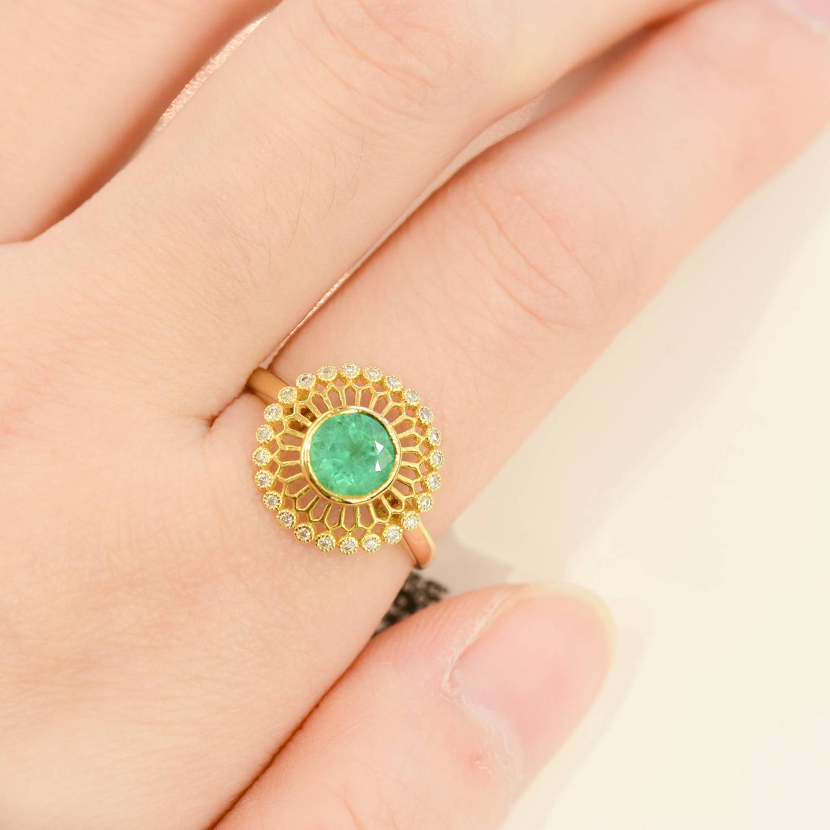 18K Gold Colombian Emerald Ring with Open Diamond Halo