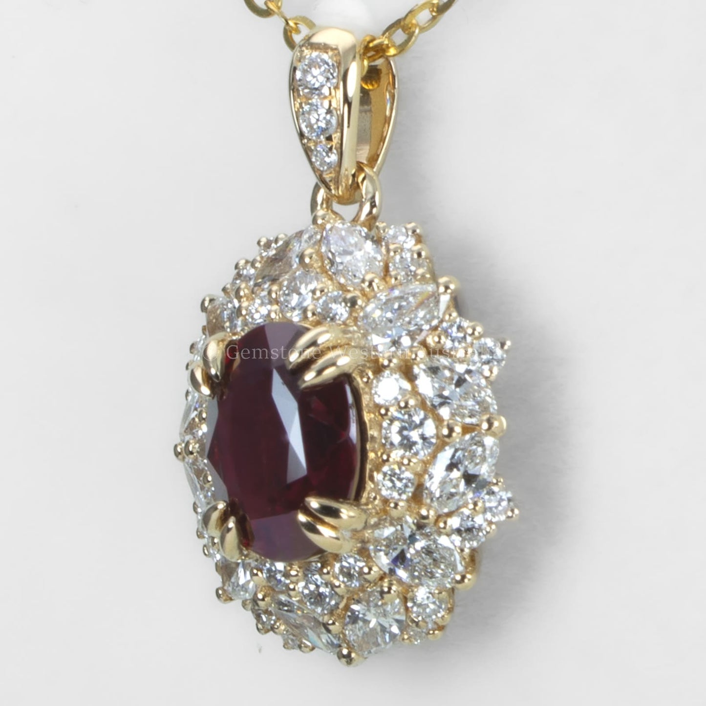 Natural Unheated Ruby and Diamond Cluster Pendant in 18K Yellow Gold