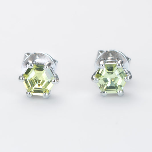 Lime Green Sapphire Studs in Platinum with Hexagonal Cut Sapphires