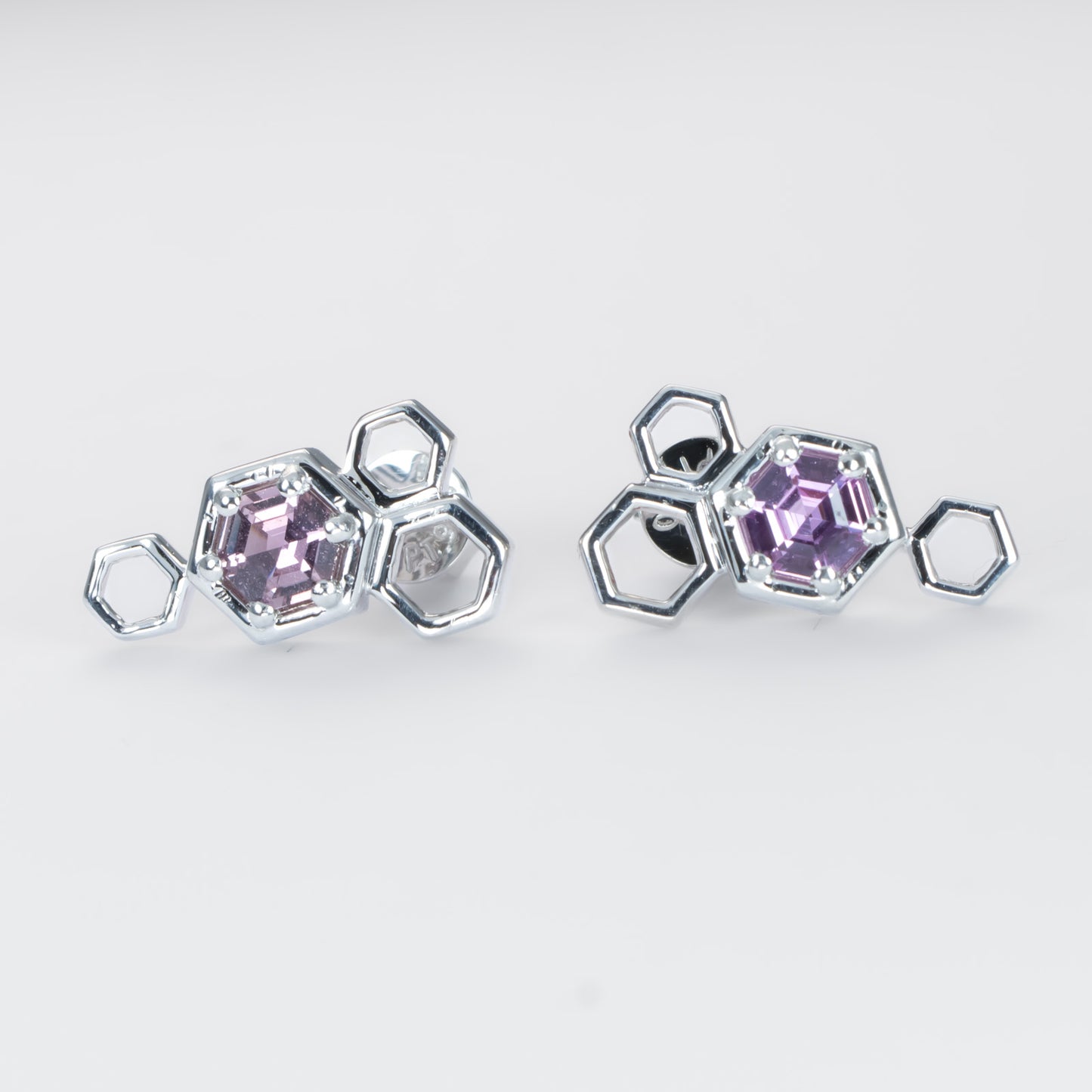 Hexagon Pink Sapphire Earrings in Platinum with Honeycomb Design