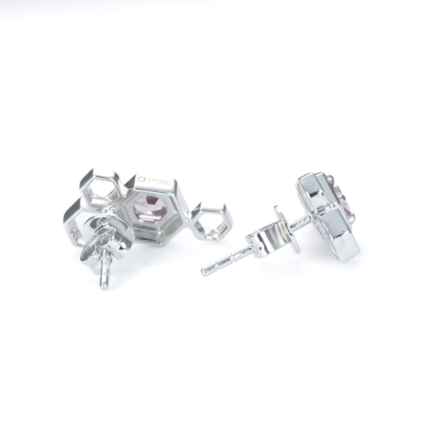 Hexagon Pink Sapphire Earrings in Platinum with Honeycomb Design
