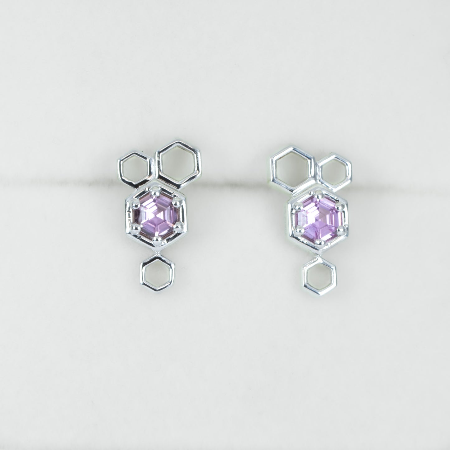 Hexagon Pink Sapphire Earrings in Platinum with Honeycomb Design