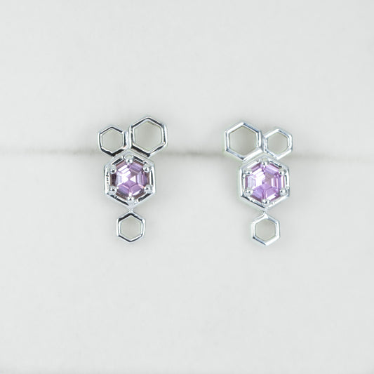 Hexagon Pink Sapphire Earrings in Platinum with Honeycomb Design
