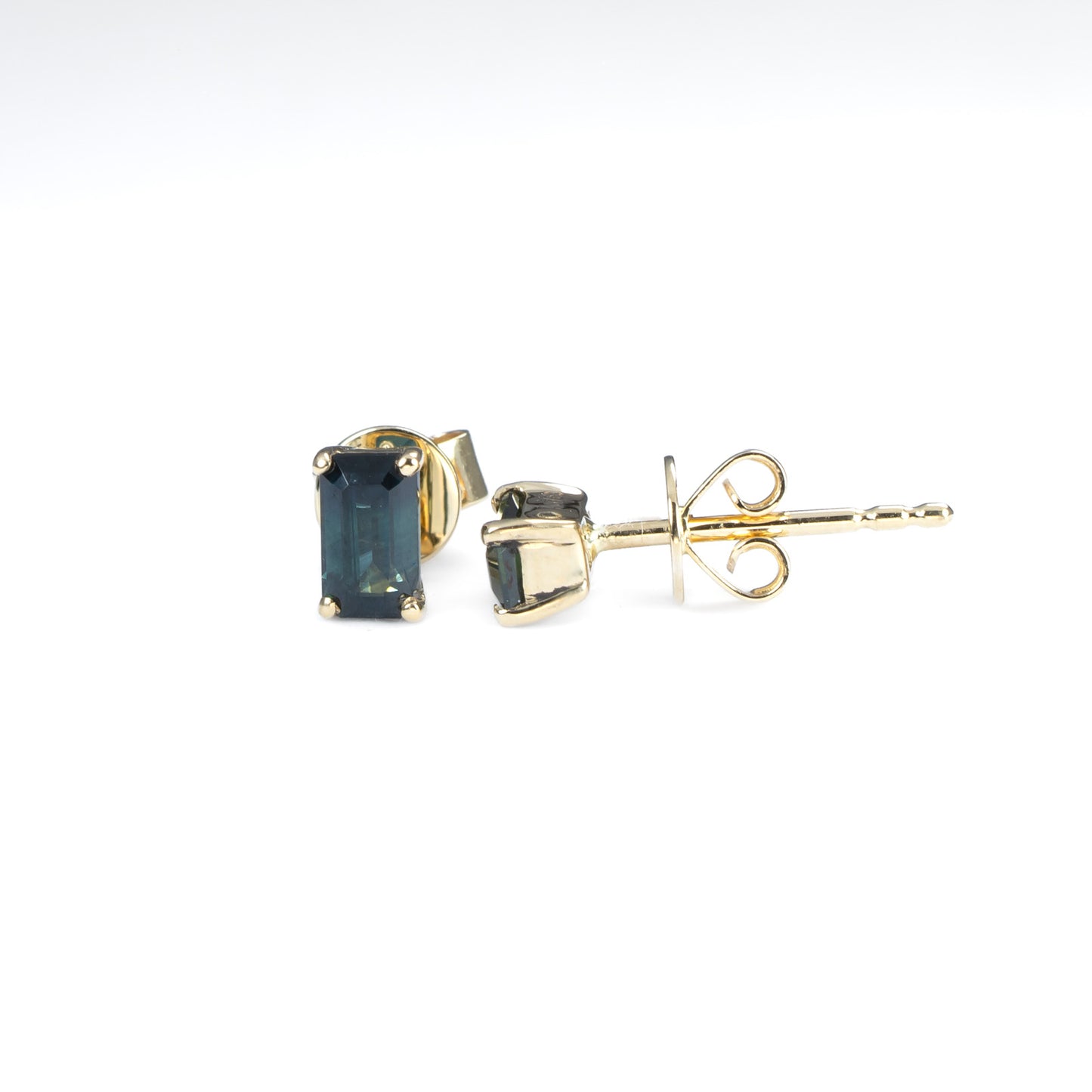 Emerald Cut Sapphire Earrings in 18K Yellow Gold with Australian Teal Sapphires
