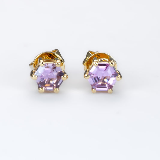 Pink Sapphire Stud Earrings in 18K Yellow Gold with Hexagonal Cut Gemstones