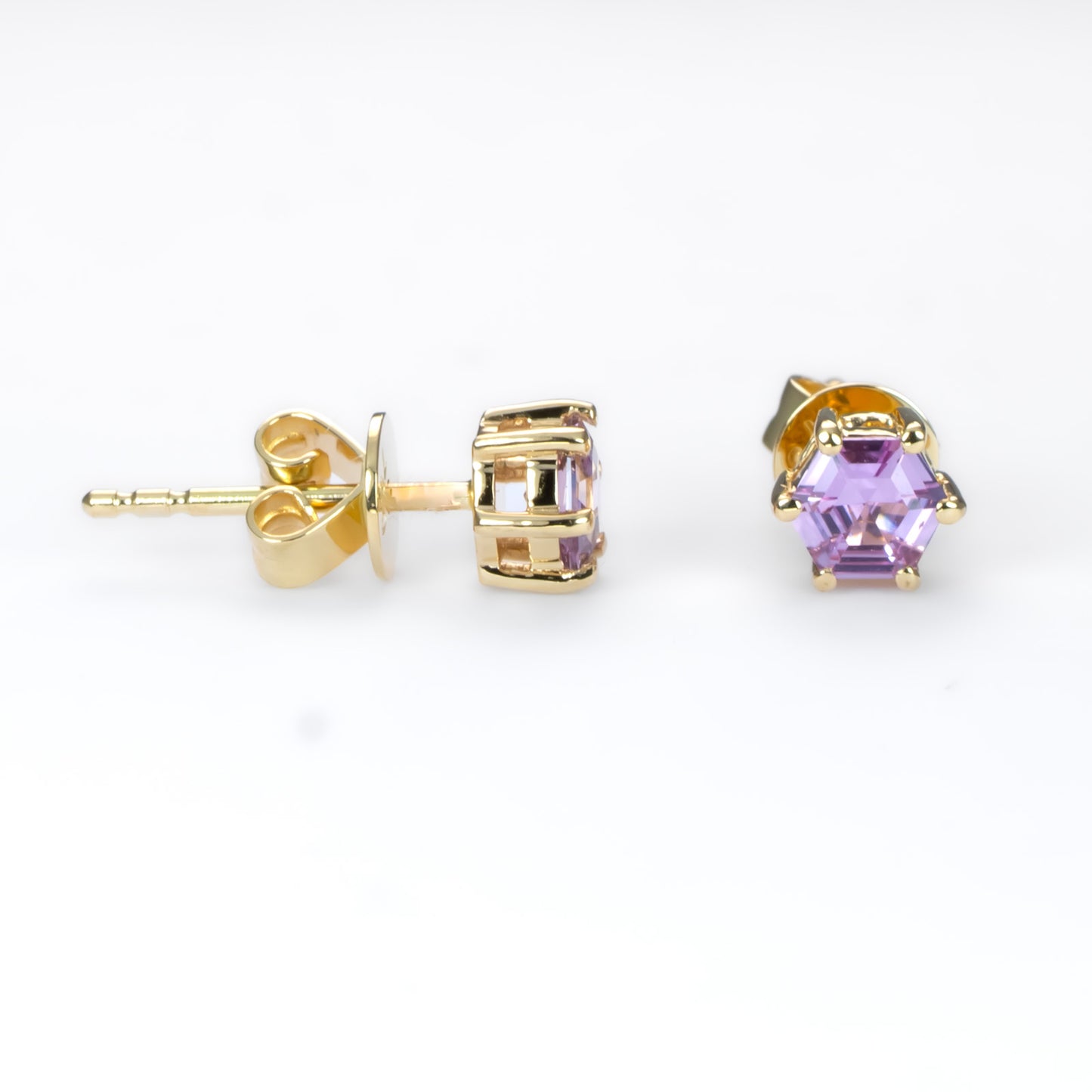 Pink Sapphire Stud Earrings in 18K Yellow Gold with Hexagonal Cut Gemstones