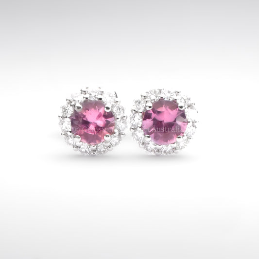 Natural Pink Sapphire Earrings  |  Diamond Halo Stud Earrings