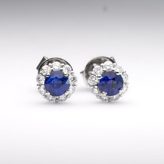 Natural Blue Sapphire Earrings | Diamond Halo Stud Earrings