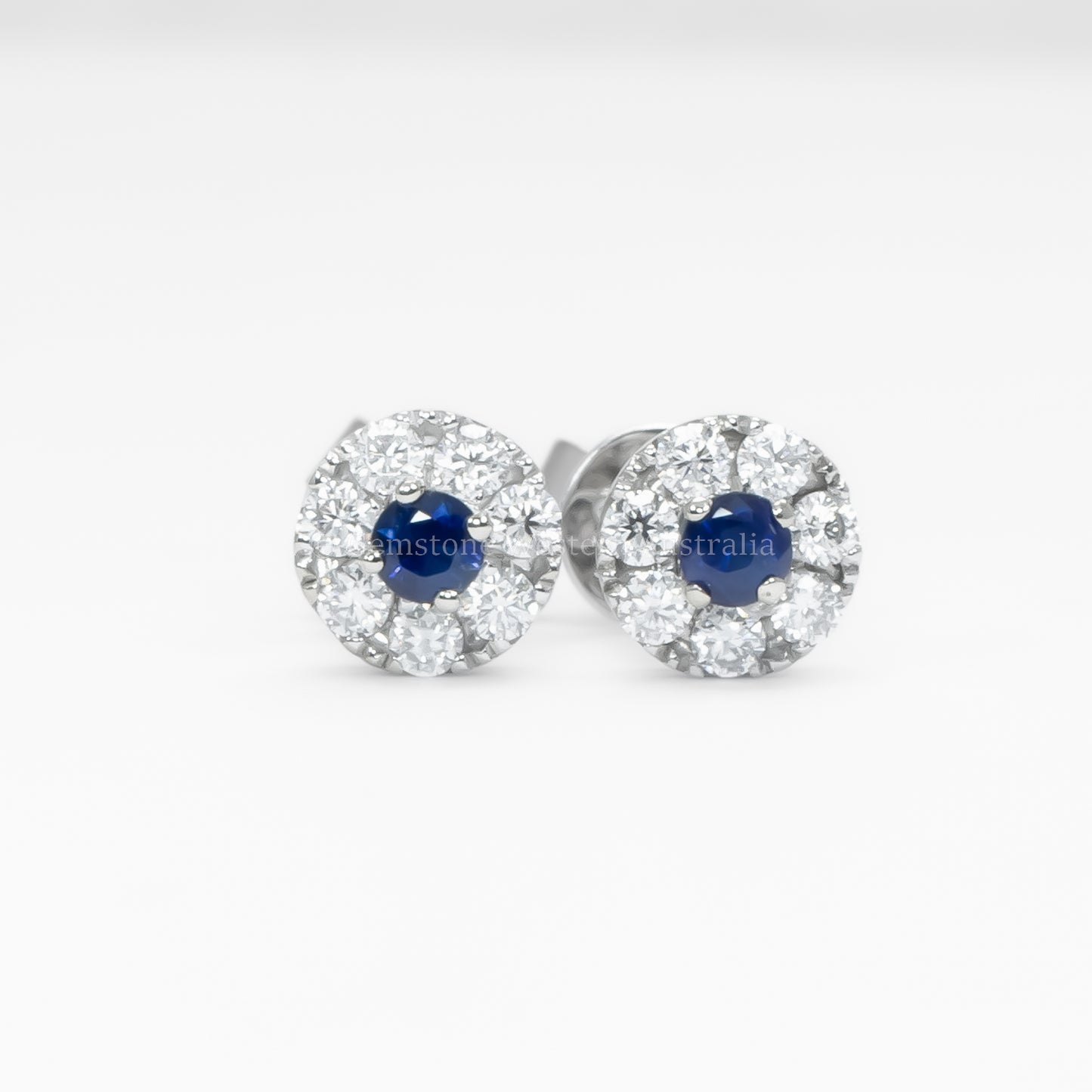 Natural Blue Sapphire and Moissanite Halo Stud Earrings in 9K Gold